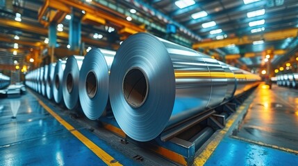Rolls of galvanized sheet steel in the factory. Large rolls of metal coils in the warehouse. Generative AI. - obrazy, fototapety, plakaty