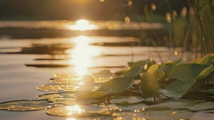 The tranquil lake is bathed in shades of gold and amber as the sun sets creating a sense of calm and serenity.
