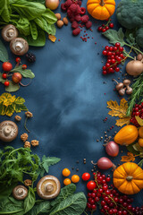 Fall food ingredients on dark blue background, healthy food concept