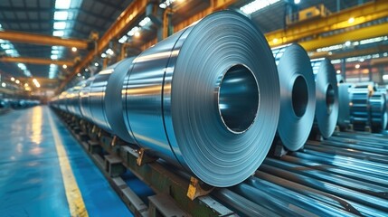 Rolls of galvanized sheet steel in the factory. Large rolls of metal coils in the warehouse. Generative AI.