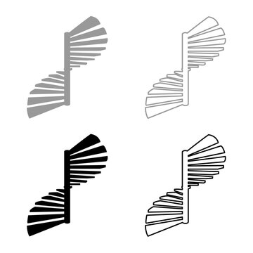 Spiral staircase circular stairs set icon grey black color vector illustration image solid fill outline contour line thin flat style