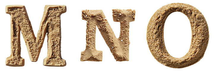 Textured Sand Letters M N O Isolated on Transparent or White Background, PNG