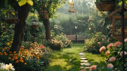 The garden of a retirement community is surrounded by beautiful flowers and plants. There are many trees with various birdcages hanging on the trees. Generative AI.