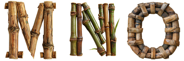 Sustainable Bamboo Letters M-N-O Isolated on Transparent or White Background, PNG