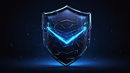 Futuristic 3d security shield made of linear polygons with neon lights on dark blue background. Modern business It, online, cyber safety and protect concept. - obrazy, fototapety, plakaty