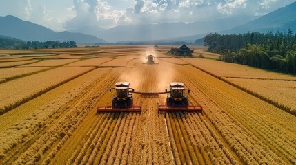 High angle view of large harvesters harvesting golden rice fields on the plain. Generative AI. - Powered by Adobe