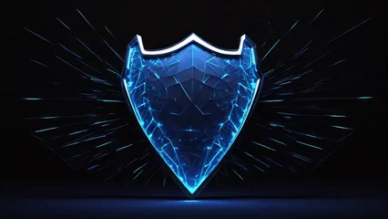 Fotobehang Futuristic 3d security shield made of linear polygons with neon lights on dark blue background. Modern business It, online, cyber safety and protect concept. © Анастасия Комарова