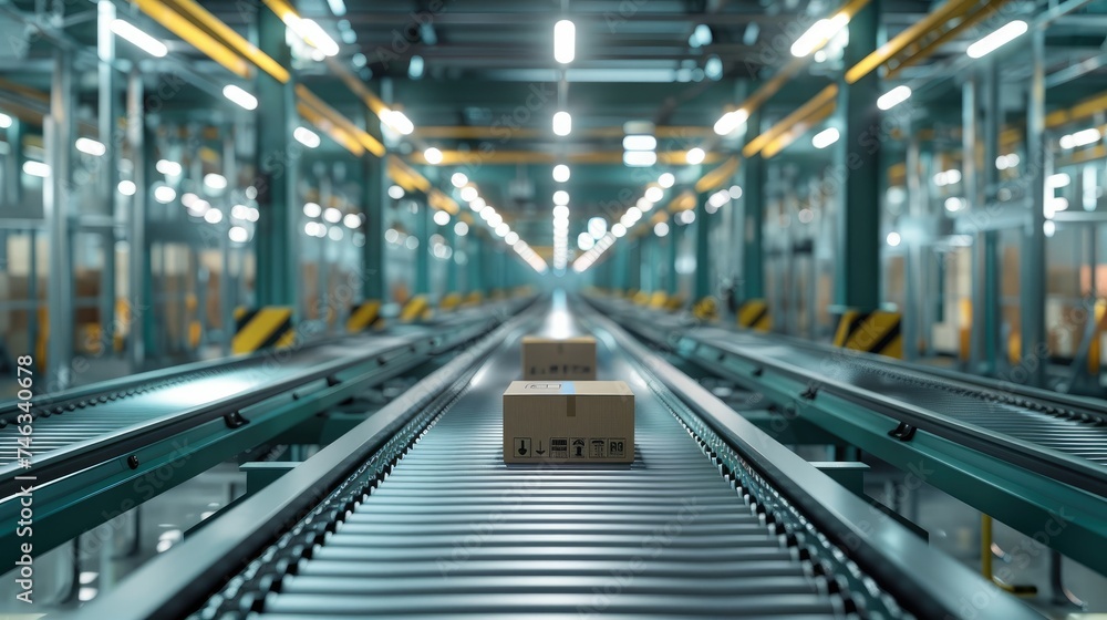 Poster conveyor with boxes at factory. generative ai.