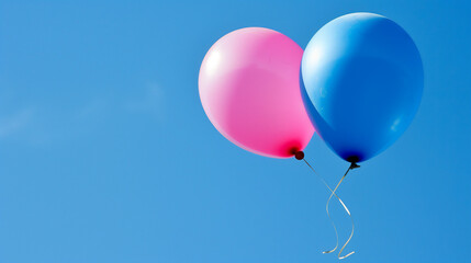 Two party balloons in the sky, blue balloon, pink balloon