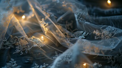 A delicate lace veil, its intricate patterns delicately embroidered with golden thread, cascades gently over the invitation, - obrazy, fototapety, plakaty
