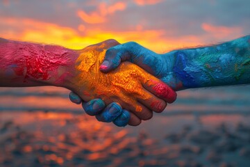 Colorful handshake against a backdrop of a sunset, symbolizing peace and unity among diversity