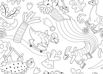 Black and white cartoon dinosaurs ride on skates, rollers and bicycle in the park, seamless pattern - 746340646