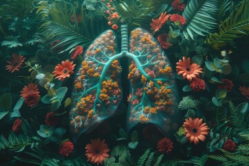 Fototapeta na wymiar Respiratory Health Risk illustrated with polluted lungs, against the hopeful unity of diverse palms together