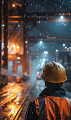 Man Standing in Rain With Hard Hat
