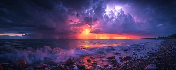 Twilight lightning display over a tranquil sea, the horizon line a vibrant dance of light and shadow