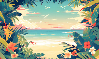 Fototapeta na wymiar A serene beach vista in a vintage sticker art style,Generative AI