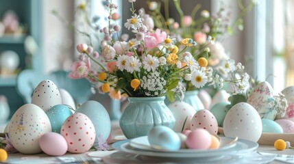 Obraz premium Beautifully decorated Easter table with pastel-colored eggs and spring flowers. Generative AI.