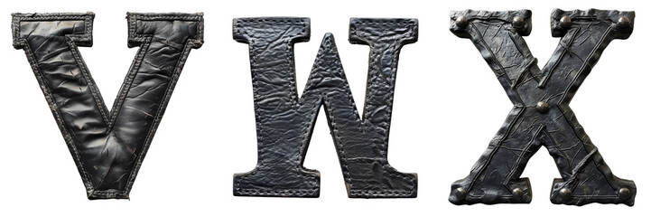 Black Leather Letters V W X Isolated on Transparent or White Background, PNG