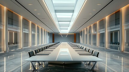 A modern minimalist-style conference room with a long rectangular table in the center. Generative AI.