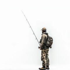Man with fishing rod isolated on white background Generative Ai  - 746342007
