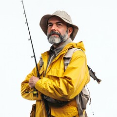 Man with fishing rod isolated on white background Generative Ai  - 746342008