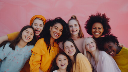 A group of nine teenage girls in various ages, body skin colors, and nationalities are smiling and enjoying together on pink background. - obrazy, fototapety, plakaty