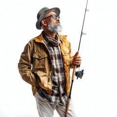 Man with fishing rod isolated on white background Generative Ai  - 746342053