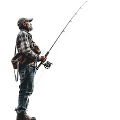 Man with fishing rod isolated on white background Generative Ai  - 746342058