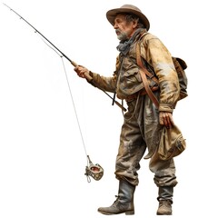 Man with fishing rod isolated on white background Generative Ai  - 746342094