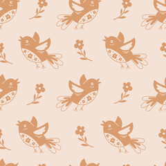 Flying birds and flowers beige seamless pattern. Cute spring and summer background with neutral color. Decorative repeat vector illustration with nature elements.