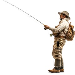 Man with fishing rod isolated on white background Generative Ai  - 746342237