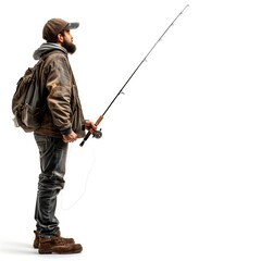 Man with fishing rod isolated on white background Generative Ai  - 746342245