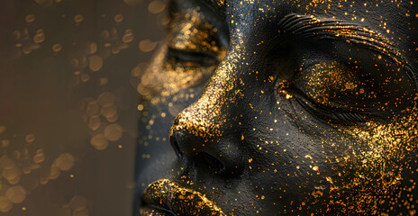 Close up portrait of a beautiful woman with golden paint on her face. Metamodernism. Copy space