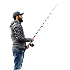 Man with fishing rod isolated on white background Generative Ai  - 746342281