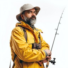 Man with fishing rod isolated on white background Generative Ai  - 746342282