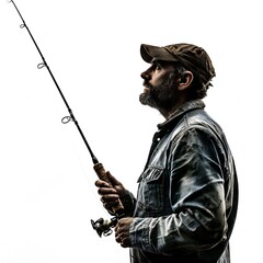 Man with fishing rod isolated on white background Generative Ai  - 746342297