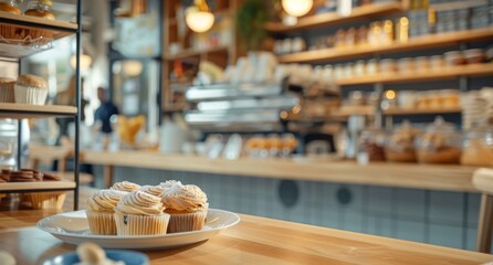 Plate of artisan cupcakes, each topped with a perfect swirl of frosting and a dusting of powdered sugar, presented in cozy cafe ambiance. Patisseries, small businesses, and the charm of local eateries