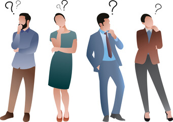 Obraz premium thinking people. Cartoon-curious persons with question marks solve problems flat vector illustration
