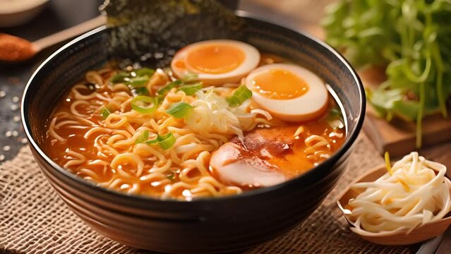 romatic ramen bowl, a steaming symphony of flavors. Thin noodles entwined in savory broth, adorned with vibrant veggies and succulent slices of meat. A gastronomic journey in a humble bowl