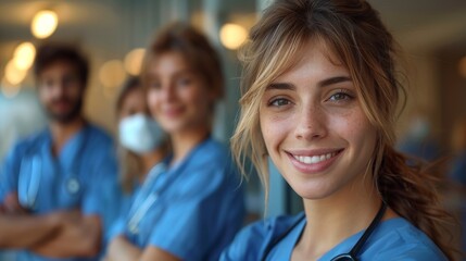 Fototapeta premium A young woman in blue scrubs is smiling at the camera. She is standing in a hospital with two other people in the background.
