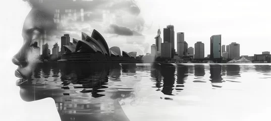 Papier Peint photo Sydney Harbour Bridge Double exposure black and white photography collage of a silhouette female face with panoramic views of the Sydney Harbour, Opera House and Bridge. Generative AI