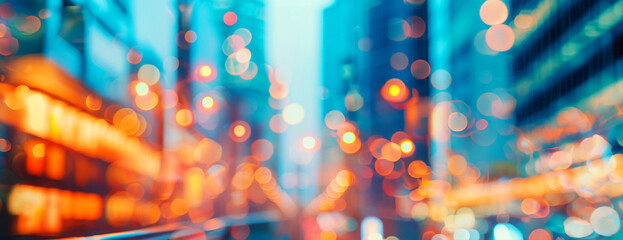 Abstract night lights, view of a modern futuristic cityscape. Defocused image of an urban street between tall buildings, towers, skyscrapers with glowing windows. Wide scale image.
