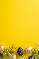 Easter elegance captured. Overhead vertical image of exquisite black and gold eggs, fresh...