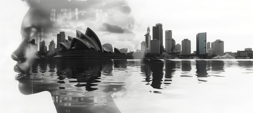 Fototapeta Double exposure black and white photography collage of a silhouette female face with panoramic views of the Sydney Harbour, Opera House and Bridge. Generative AI