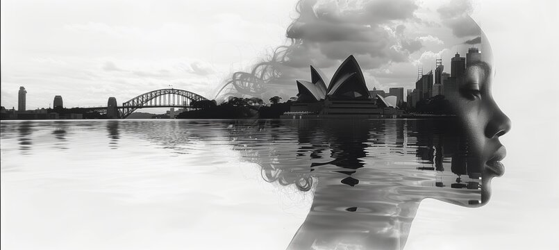 Double exposure black and white photography collage of a silhouette female face with panoramic views of the Sydney Harbour, Opera House and Bridge. Generative AI