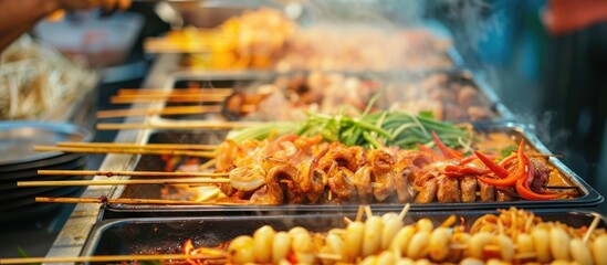 A row of trays filled with an assortment of delicious street food delights from the vibrant Bangkok street food vendor scene. Various dishes like noodles, rice, seafood, meat, and vegetables are