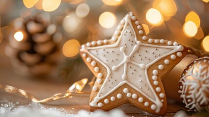Christmas gingerbread star cookie with festive decorations and warm glowing lights.