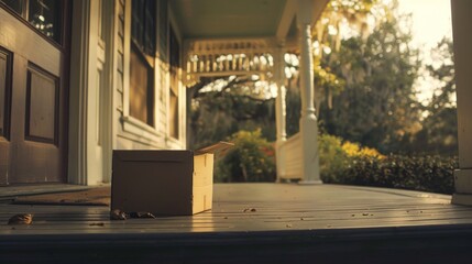 A lone cardboard box sits on a wooden porch, bathed in the warm glow of the setting sun, evoking a sense of quiet anticipation.