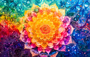Radiant Floral Mandala on Water Droplet Canvas.