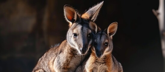 A male and female kangaroo are standing side by side in the image, showcasing their distinctive features like long hind legs and large powerful tails. The couple appears calm and comfortable in each